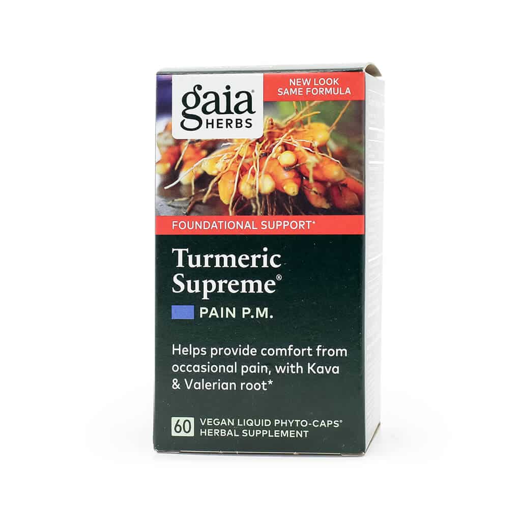 Product box of Gaia Herbs Turmeric Supreme Pain P.M., featuring turmeric root imagery and labeled for foundational support. The supplement is designed to help provide comfort from occasional pain using ingredients like Kava and Valerian root. Contains 60 vegan liquid phyto-caps and highlights a “New Look, Same Formula” banner.