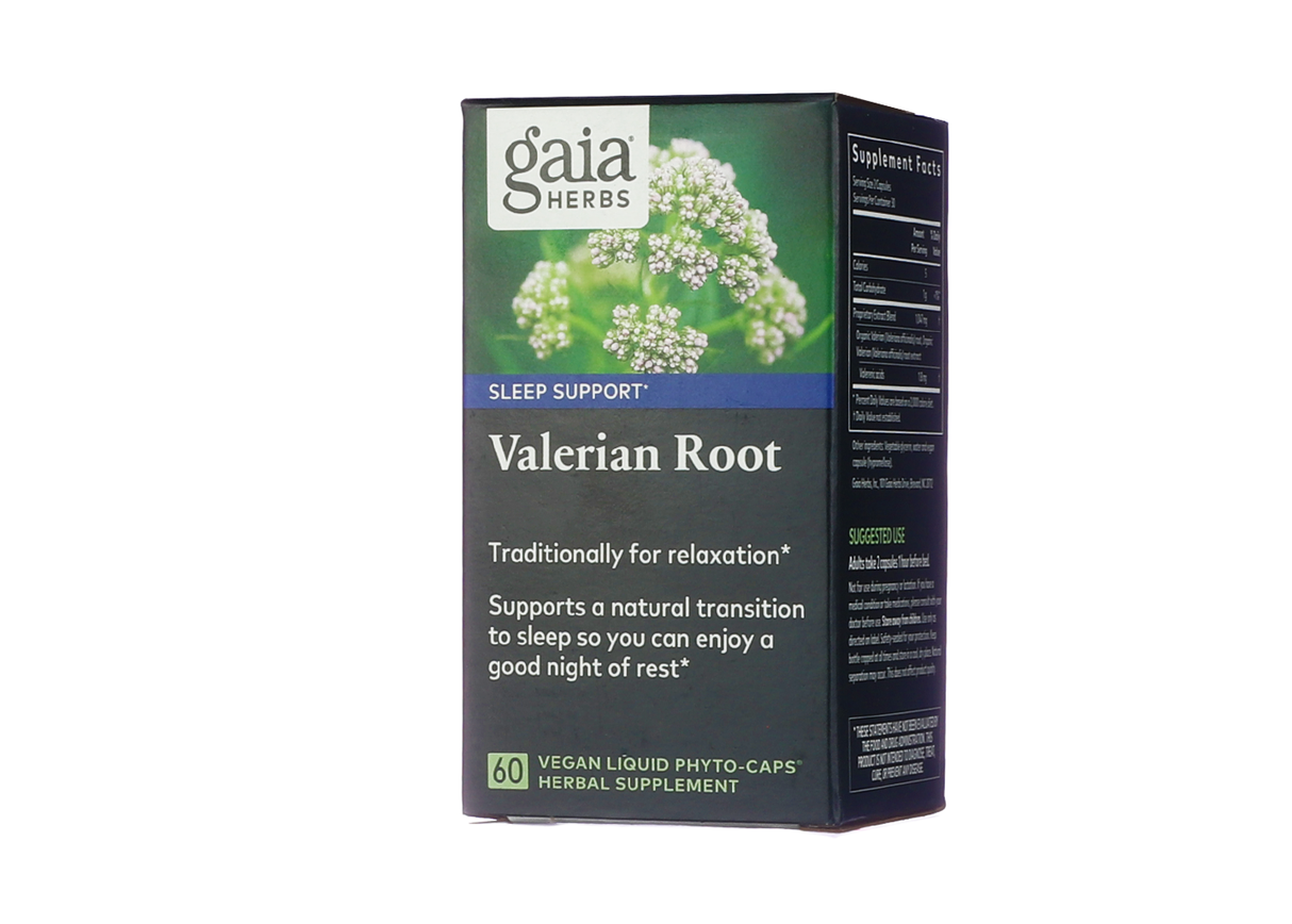 Front-facing product image of Gaia Herbs Valerian Root, a sleep support supplement featuring 60 vegan liquid phyto-caps. The packaging states it’s traditionally used for relaxation and supports a natural transition to sleep for restful nights. Labeled with "SLEEP SUPPORT" and botanical imagery of valerian flowers.