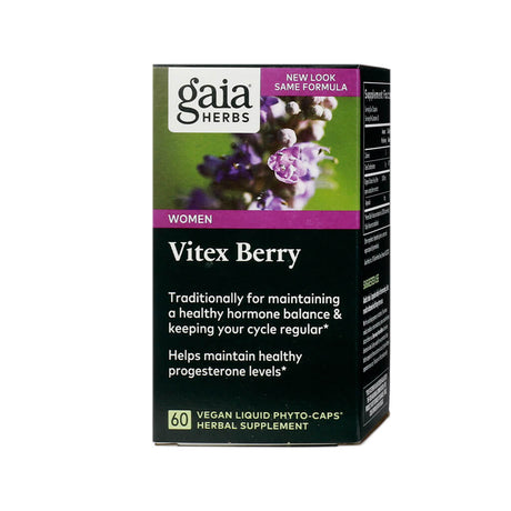Product image of Gaia Herbs Vitex Berry, a women’s health supplement containing 60 vegan liquid phyto-caps. The packaging highlights support for hormone balance, regular menstrual cycles, and healthy progesterone levels, with a lavender-toned label and image of the vitex plant in bloom.