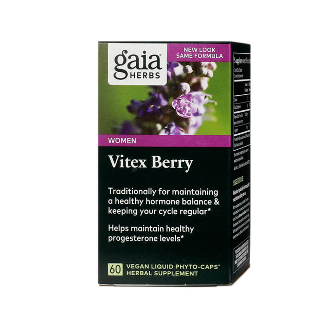 Product image of Gaia Herbs Vitex Berry, a women’s health supplement containing 60 vegan liquid phyto-caps. The packaging highlights support for hormone balance, regular menstrual cycles, and healthy progesterone levels, with a lavender-toned label and image of the vitex plant in bloom.