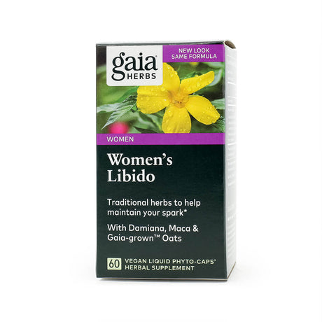 Image of Gaia Herbs Women’s Libido herbal supplement, featuring 60 vegan liquid phyto-caps. The box highlights support for female vitality using traditional herbs like Damiana, Maca, and Gaia-grown™ oats, and includes a bright yellow flower graphic under the “Women” category banner.