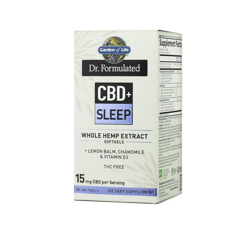 A box of Garden of Life Dr. Formulated CBD + Sleep dietary supplement containing 30 softgels. The label highlights whole hemp extract with 15 mg CBD per serving, plus lemon balm, chamomile, and vitamin D3, and notes it is THC-free.