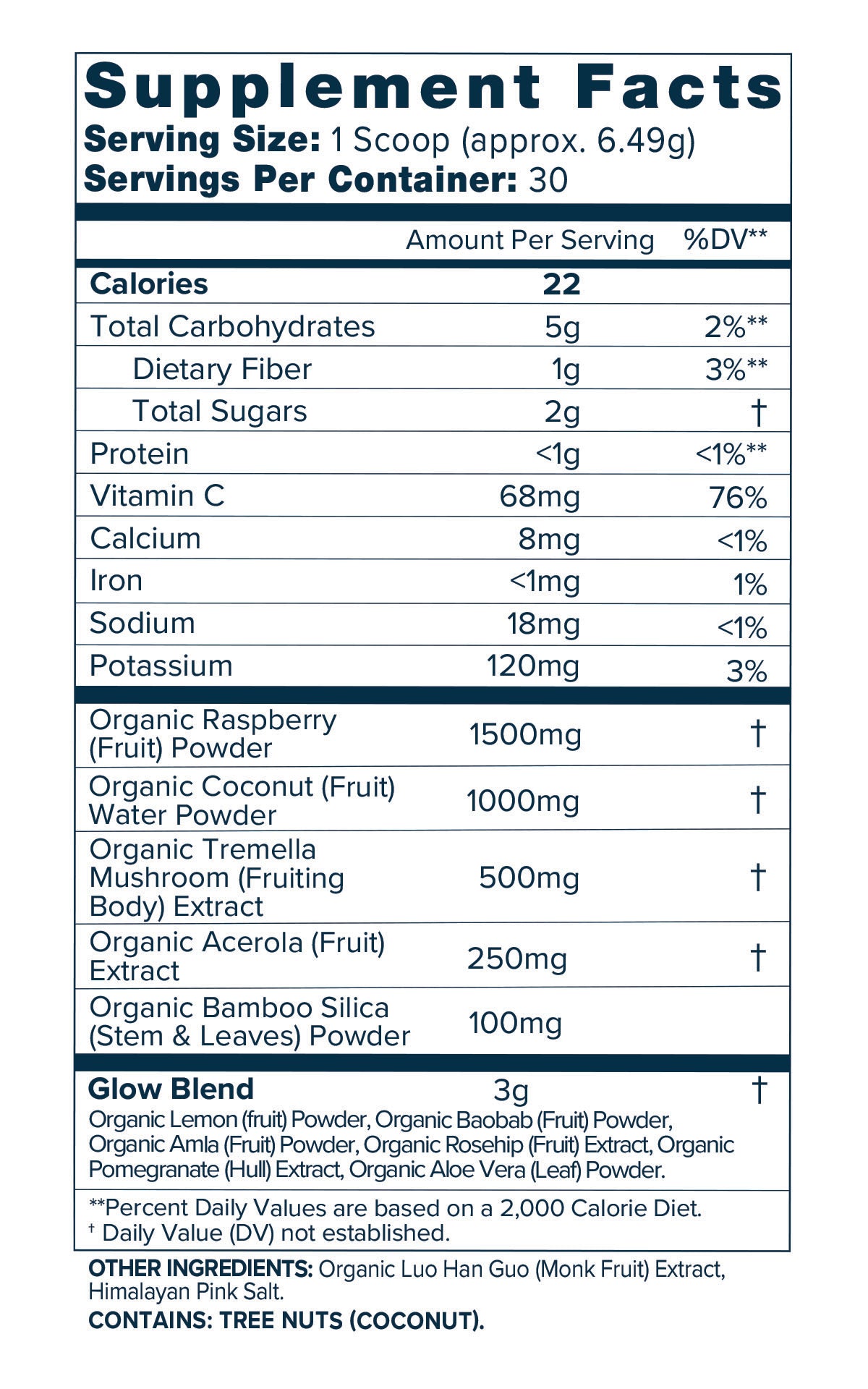 Organifi Glow supplement facts: 68 mg vitamin C, 1,500 mg raspberry, 1,000 mg coconut water, 500 mg tremella per scoop