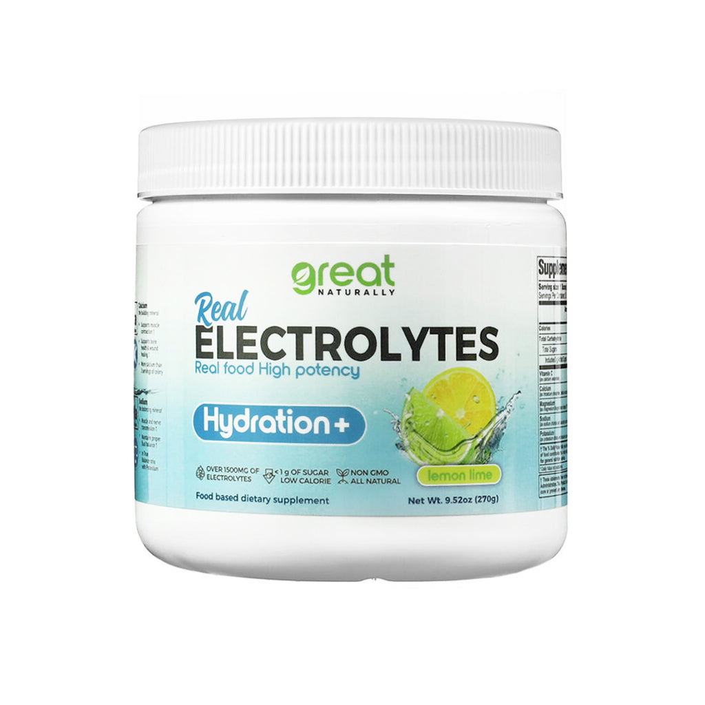 Container of Great Naturally Real Electrolytes powder in Lemon Lime flavor, featuring a blue and white label with “Hydration+” branding. The design includes images of lemon and lime slices splashing in water, and highlights benefits like over 1500mg of electrolytes, less than 1g of sugar, low calorie, non-GMO, and all-natural.