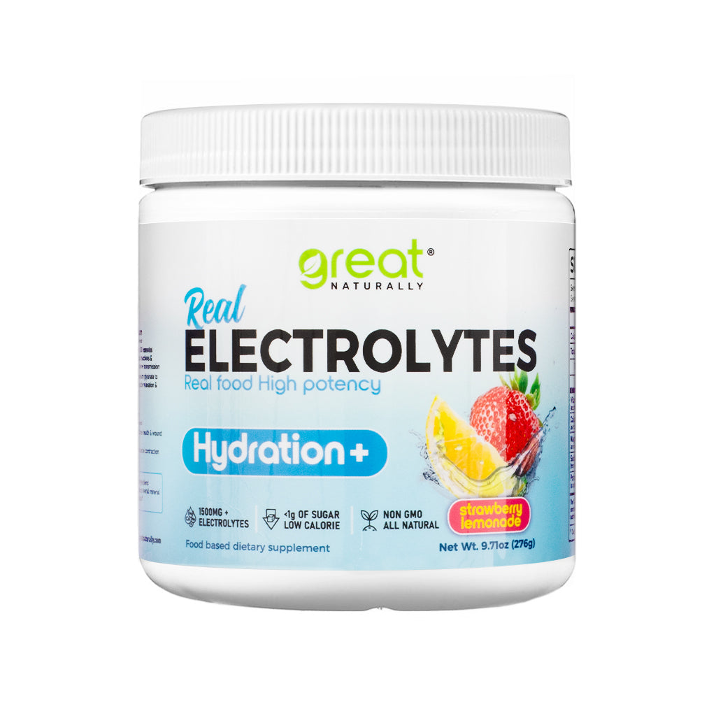 A white plastic container of Great Naturally Real Electrolytes powder in the Strawberry Lemonade flavor. The label highlights features like "Hydration+," 1500mg of electrolytes, under 1g of sugar, non-GMO, low calorie, and all natural, with images of a strawberry and lemon splash on the front.