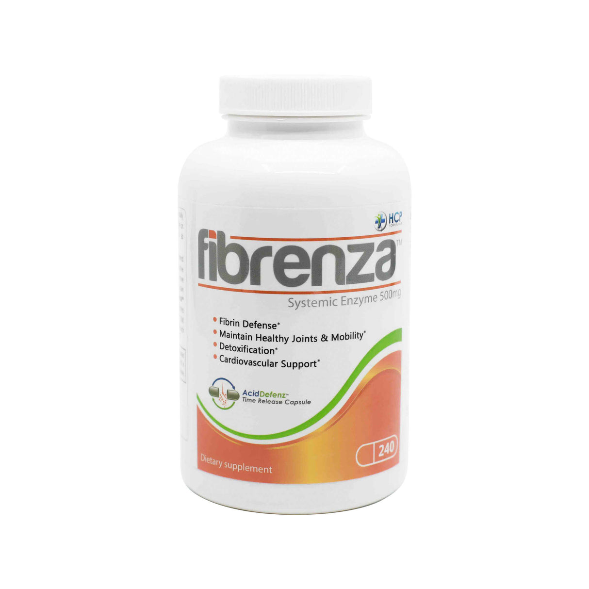 White plastic bottle of Fibrenza Systemic Enzyme 500mg, containing 240 capsules. The label highlights key benefits including fibrin defense, joint mobility support, detoxification, and cardiovascular support. Features "AcidDefenz Time Release Capsule" branding with a white and orange swoosh design near the bottom.