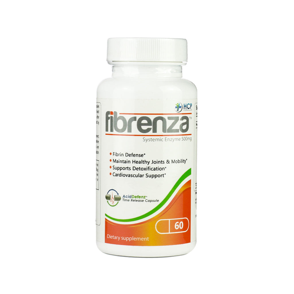 Bottle of Fibrenza Systemic Enzyme 500mg with 60 capsules. The label features similar design elements and benefits as the 240-count version, including support for joints, detoxification, and cardiovascular health, with the same orange and green swoop and "AcidDefenz" callout.