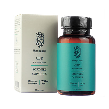 The image shows a HempLucid CBD Full-Spectrum Soft-Gel Capsules package and bottle. The packaging highlights that each serving contains 25mg of CBD, with a total of 750mg per container, providing 30 servings. The design features a teal and white color scheme with a lion head logo.