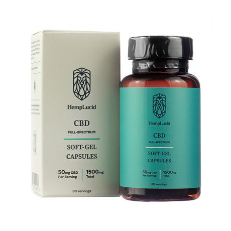 The image shows a HempLucid CBD Full-Spectrum Soft-Gel Capsules package and bottle. The packaging highlights that each serving contains 50mg of CBD, with a total of 1500mg per container, providing 30 servings. The design features a teal and white color scheme with a lion head logo.