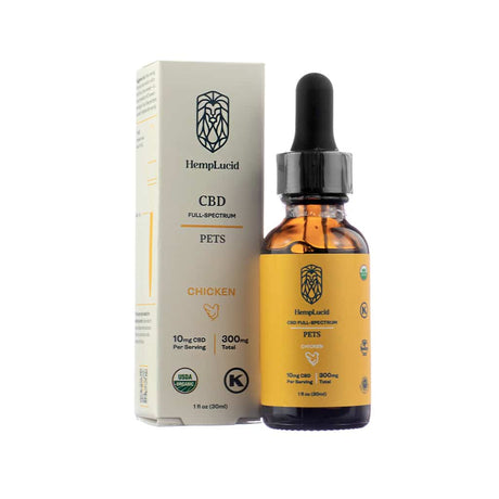 Hemplucid Organic Full-Spectrum CBD for Pets Chicken Flavor 300mg - 1 fluid ounce. A bottle and box of Hemplucid Full-Spectrum CBD for Pets in chicken flavor, with 10mg CBD per serving and 300mg total in a 1 fl oz (30ml) bottle. The packaging highlights that it’s USDA Organic and kosher certified, and designed specifically for pets.