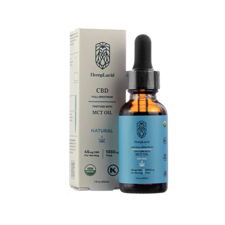A 1 fl oz (30ml) amber dropper bottle of Hemplucid Full-Spectrum CBD Tincture with MCT Oil in natural flavor. The label notes 45mg CBD per serving and 1350mg total, USDA organic and kosher certified.