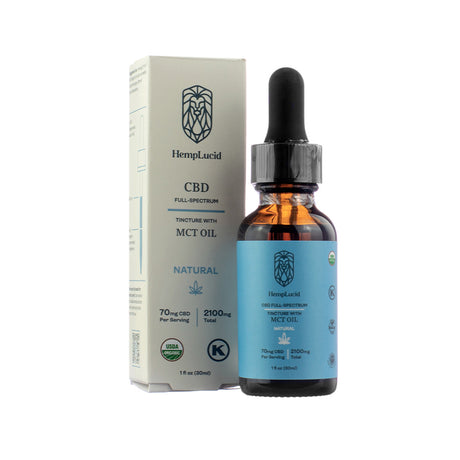 A 1 fl oz (30ml) amber dropper bottle of Hemplucid Full-Spectrum CBD Tincture with MCT Oil in natural flavor. The packaging highlights 70mg CBD per serving and 2100mg total, USDA organic and kosher certified.