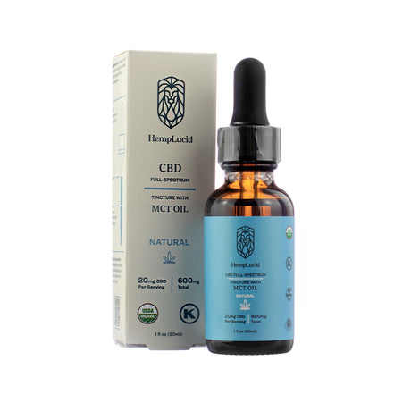 A 1 fl oz (30ml) amber dropper bottle of Hemplucid Full-Spectrum CBD Tincture with MCT Oil in natural flavor. The label highlights 20mg CBD per serving and 600mg total, USDA organic and kosher certified.