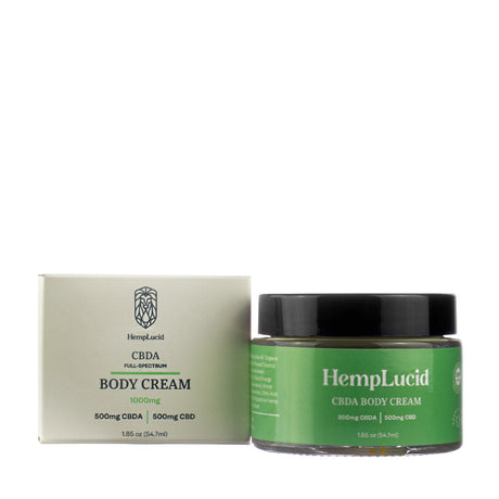 A jar and box of Hemplucid Full-Spectrum CBDA Body Cream. The label highlights 1000mg total cannabinoids with 500mg CBDA and 500mg CBD in a 1.85 oz (54.7ml) container.