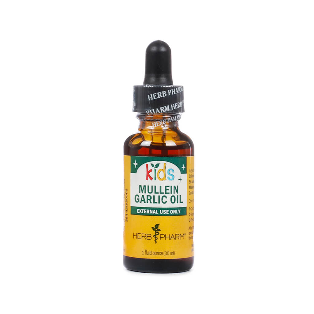 Amber glass dropper bottle labeled “Herb Pharm Kids Mullein Garlic Oil – External Use Only.” The front label is bright yellow with green and red accents, indicating it contains 1 fluid ounce (30 ml) and is formulated specifically for children. The product branding includes the Herb Pharm logo with a caduceus symbol.