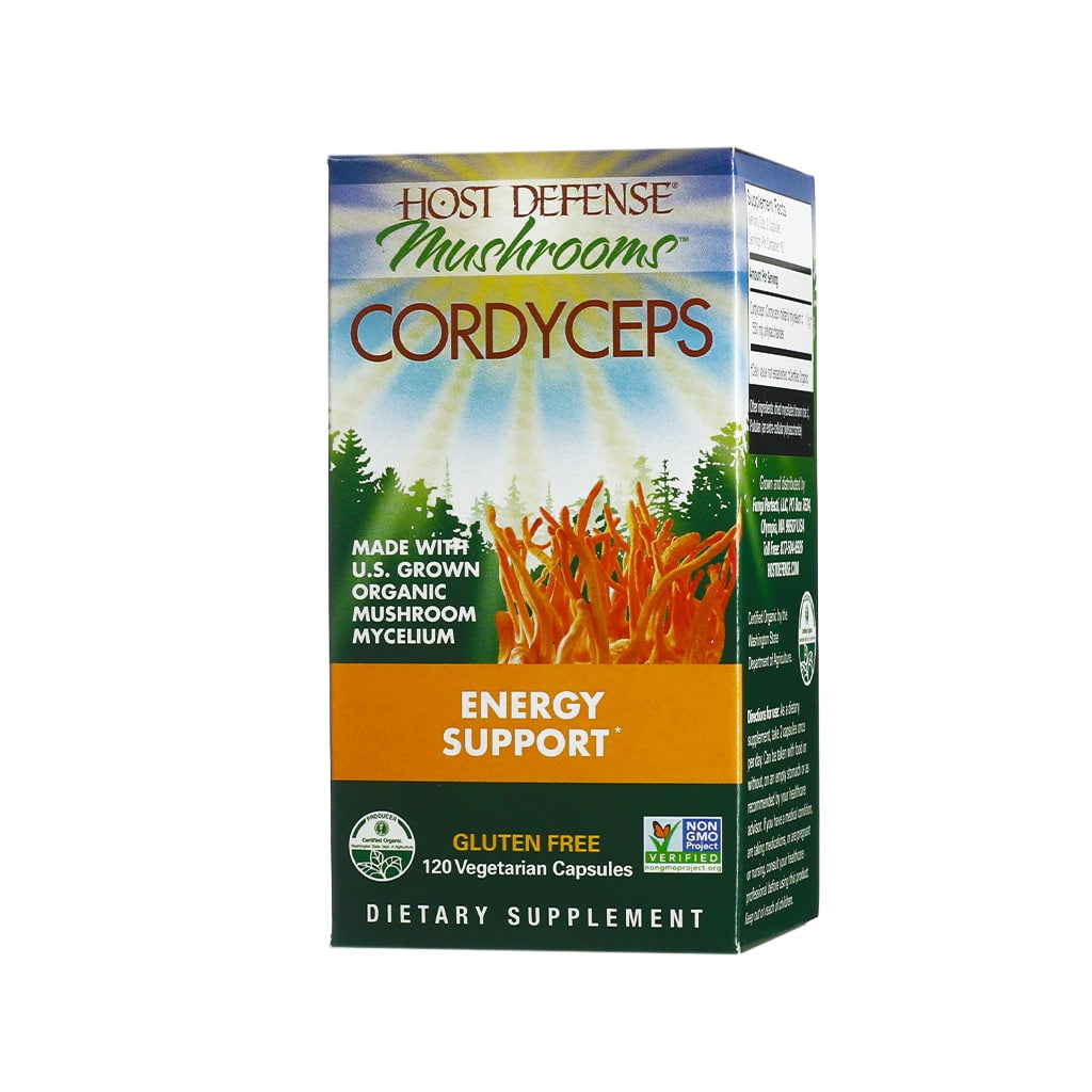 Host Defense Cordyceps, 120 Vegetarian Capsules. This energy support supplement is made with U.S.-grown organic mushroom mycelium. The packaging features an illustration of cordyceps mushrooms against a sunrise backdrop, with a green and orange color scheme. Labels highlight that the product is gluten-free, non-GMO, and a dietary supplement.