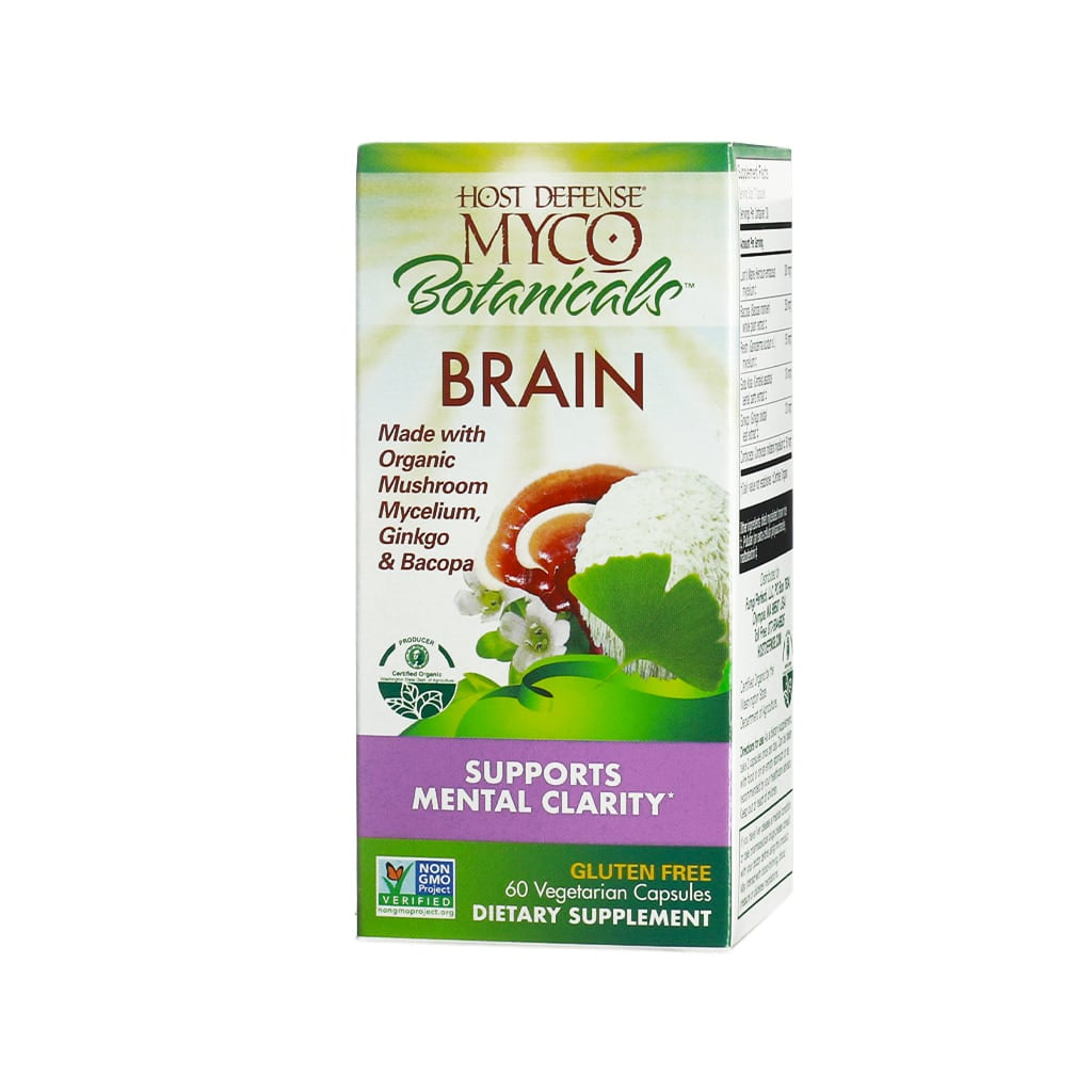 Box of Host Defense MycoBotanicals Brain dietary supplement, featuring a blend of organic mushroom mycelium, ginkgo, and bacopa. The label states “Supports Mental Clarity” and notes it's gluten-free, Non-GMO Project Verified, and contains 60 vegetarian capsules.
