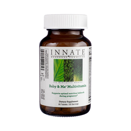 Innate Response Formulas Baby & Me Multivitamin 60 Tablets, front label showing prenatal and postnatal support supplement in a 60-tablet size.