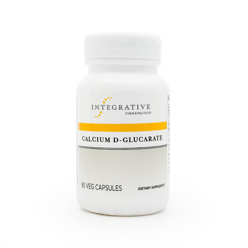 White plastic bottle of Integrative Therapeutics Calcium D-Glucarate featuring a bold yellow stripe and clean, clinical design. The label highlights that it contains 90 vegetarian capsules and is marketed as a dietary supplement, typically used to support detoxification and liver health.
