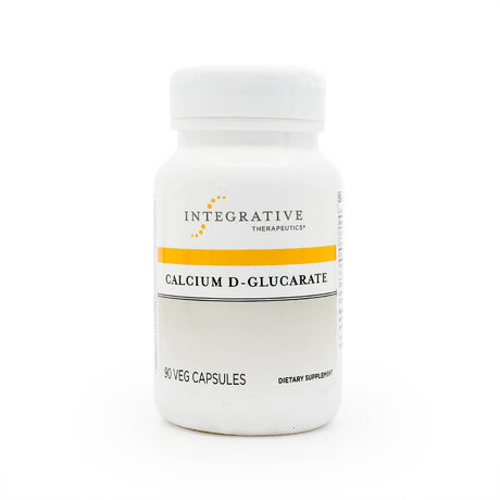 White plastic bottle of Integrative Therapeutics Calcium D-Glucarate featuring a bold yellow stripe and clean, clinical design. The label highlights that it contains 90 vegetarian capsules and is marketed as a dietary supplement, typically used to support detoxification and liver health.