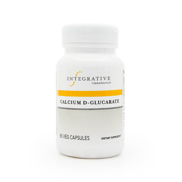 White plastic bottle of Integrative Therapeutics Calcium D-Glucarate featuring a bold yellow stripe and clean, clinical design. The label highlights that it contains 90 vegetarian capsules and is marketed as a dietary supplement, typically used to support detoxification and liver health.