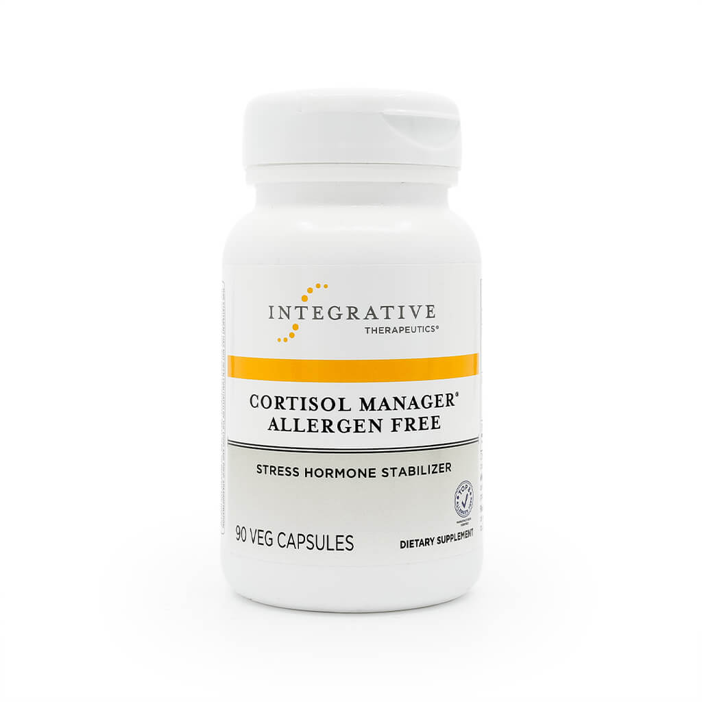 White bottle of Integrative Therapeutics Cortisol Manager Allergen Free dietary supplement. The label highlights it as a stress hormone stabilizer and contains 90 vegetarian capsules, designed for cortisol balance and stress support.