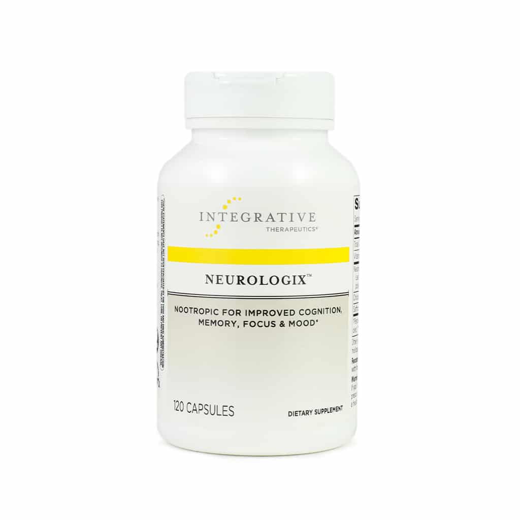 White bottle of Integrative Therapeutics Neurologix dietary supplement with a yellow accent stripe. The label states it is a nootropic for improved cognition, memory, focus, and mood, containing 120 capsules.