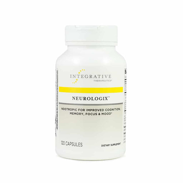 White bottle of Integrative Therapeutics Neurologix dietary supplement with a yellow accent stripe. The label states it is a nootropic for improved cognition, memory, focus, and mood, containing 120 capsules.