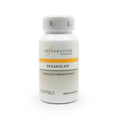 White bottle of Integrative Therapeutics Petadolex dietary supplement featuring a yellow accent stripe. The label indicates it contains purple butterbur extract and includes 60 softgels.