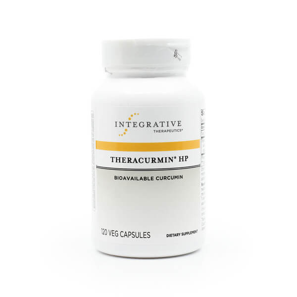 White bottle of Integrative Therapeutics Theracurmin® HP, labeled as a bioavailable curcumin supplement. The bottle contains 120 vegetarian capsules and is marked as a dietary supplement.