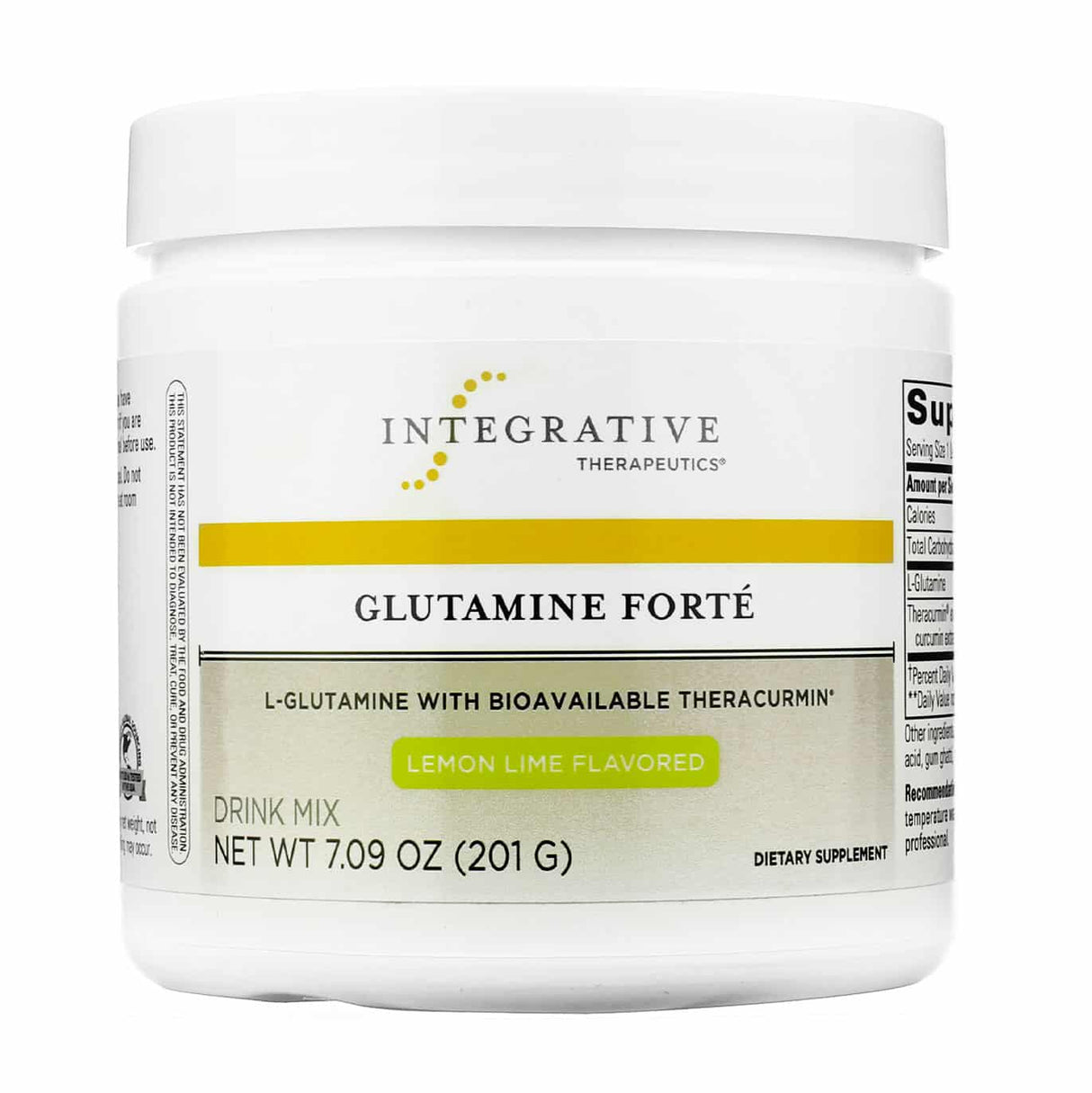 A white container of Integrative Therapeutics Glutamine Forté drink mix, featuring bold text that reads "L-Glutamine with Bioavailable Theracurmin" and "Lemon Lime Flavored" on the label. The product is marketed as a dietary supplement and weighs 7.09 oz (201 g).