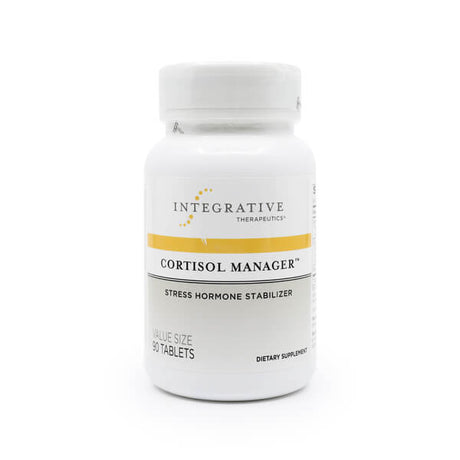 Integrative Therapeutics Cortisol Manager, 90 Tablets – A stress hormone stabilizer in a white plastic bottle with a yellow accent. Designed to promote relaxation and support balanced cortisol levels, this dietary supplement is formulated to help manage stress and improve sleep quality. The label highlights its value size packaging with 90 tablets for extended use.