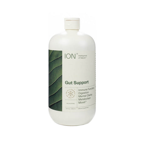 White 32 oz (946 ml) bottle of ION Gut Support by Intelligence of Nature, a mineral supplement for adults and kids. The label promotes benefits for immune function, digestion, mental clarity, metabolism, and mood, and features a natural leaf design.