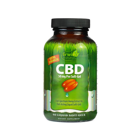 A green bottle of Irwin Naturals Extra Strength CBD soft-gels, containing 60 fast-acting liquid capsules. The label features “50 mg per soft-gel” and includes full-spectrum hemp extract. A red capsule with a blue droplet is pictured on the front.