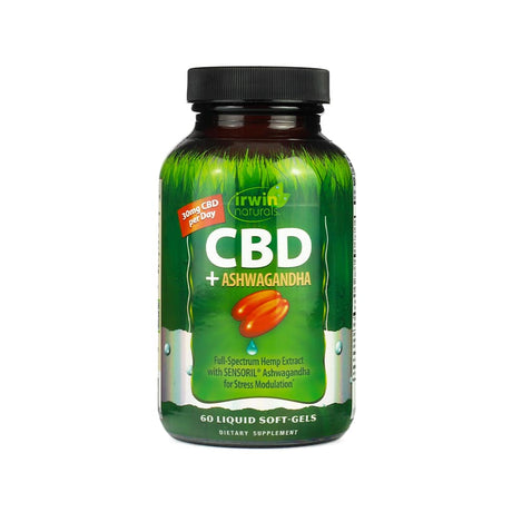 A green bottle of Irwin Naturals "CBD + Ashwagandha" dietary supplement containing 60 liquid soft-gels. The label highlights 30 mg of CBD per day and features full-spectrum hemp extract combined with Sensoril® Ashwagandha to support stress modulation.