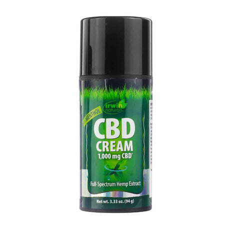 A bottle of Irwin Naturals Menthol CBD Cream containing 1,000 mg of CBD. The label highlights full-spectrum hemp extract and features a green and black design with an image of a mint leaf and swirling water. The net weight is 3.33 oz (94 g).