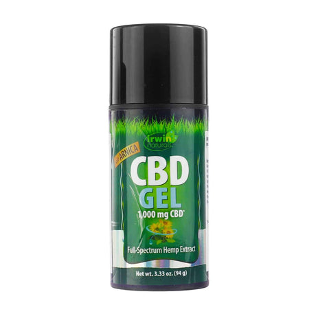 A bottle of Irwin Naturals CBD Gel with Arnica, featuring 1,000 mg of CBD. The label emphasizes full-spectrum hemp extract and includes an image of a yellow arnica flower. The product comes in a 3.33 oz (94 g) container.
