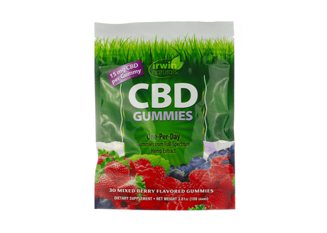 A pouch of Irwin Naturals CBD Gummies, featuring 30 mixed berry flavored gummies with 15 mg of CBD per gummy. The packaging promotes “One-Per-Day” use with full-spectrum hemp extract and displays images of strawberries, raspberries, and blueberries. The net weight is 3.81 oz (108 grams).