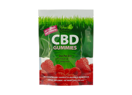 A pouch of Irwin Naturals CBD Gummies featuring 30 raspberry ripple flavored gummies, each with 30 mg of CBD. The packaging promotes “One-Per-Day” use and contains full-spectrum hemp extract, with images of fresh red raspberries at the bottom. Net weight is 3.81 oz (108 grams).