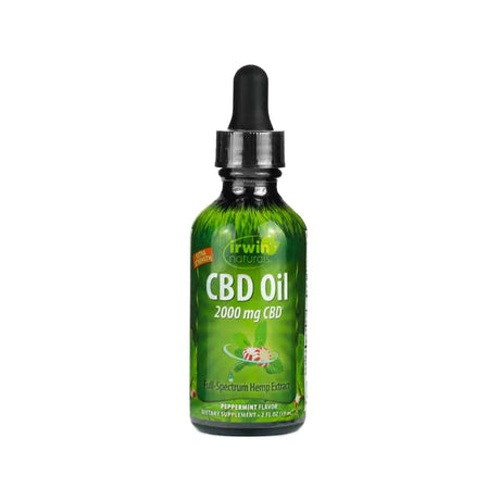 A green bottle of Irwin Naturals Extra Strength CBD Oil in peppermint flavor, containing 2,000 mg of CBD. The label highlights full-spectrum hemp extract and features an image of mint leaves with peppermint candy. Bottle size is 2 fl oz (59 mL) with a dropper cap.