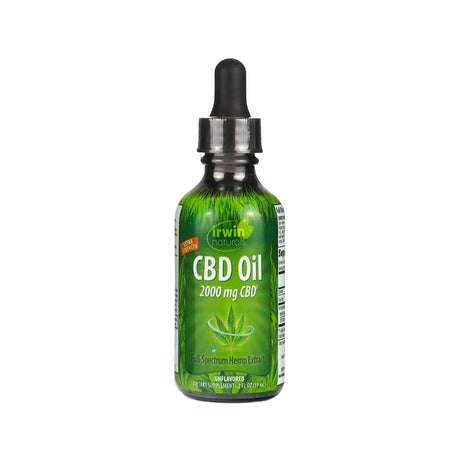 A bottle of Irwin Naturals Extra Strength CBD Oil, unflavored, with 2,000 mg of CBD. The label features a green cannabis leaf and promotes full-spectrum hemp extract. It includes a dropper cap and contains 2 fl oz (59 mL).