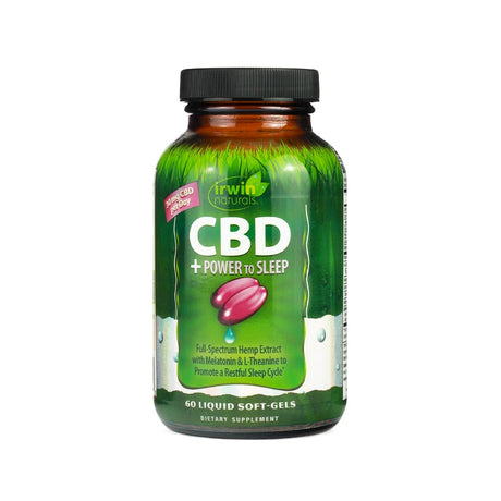 A green bottle of Irwin Naturals CBD + Power to Sleep, containing 60 liquid soft-gels. The label notes 30 mg of CBD per day and promotes full-spectrum hemp extract with melatonin and L-theanine to support a restful sleep cycle. A pair of red soft-gels is illustrated on the front.