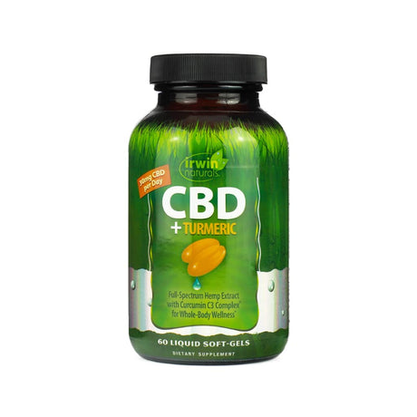 A green bottle of Irwin Naturals CBD + Turmeric dietary supplement containing 60 liquid soft-gels. The label indicates 30 mg of CBD per day and features full-spectrum hemp extract with Curcumin C3 Complex® for whole-body wellness. The front also shows an image of two golden-yellow soft-gels with a blue liquid drop.