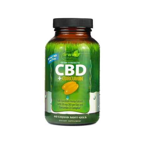A green bottle of Irwin Naturals "Extra Strength CBD + Curcumin" dietary supplement, containing 60 liquid soft-gels. The label promotes full-spectrum hemp extract with 50 mg of CBD per day and Curcumin C3 Complex® for enhanced support.