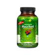 A bottle of Irwin Naturals “Concentrated Maca Root and Ashwagandha” dietary supplement, containing 75 liquid soft-gels. The label highlights added red ginseng and lists ingredients including maca root, ashwagandha, beet root, damiana, and MCT oil. The green background features grass imagery and a graphic of two black and red soft-gels with a blue drop.