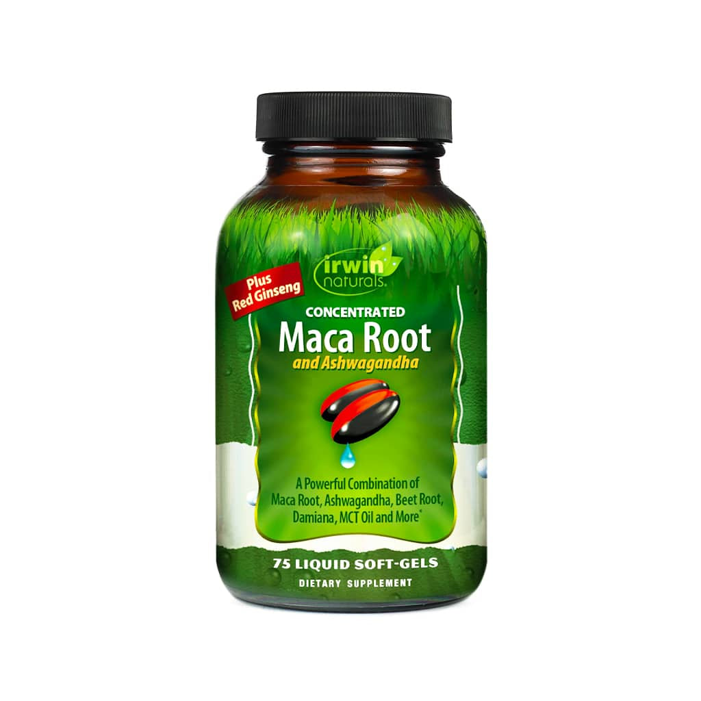 A bottle of Irwin Naturals “Concentrated Maca Root and Ashwagandha” dietary supplement, containing 75 liquid soft-gels. The label highlights added red ginseng and lists ingredients including maca root, ashwagandha, beet root, damiana, and MCT oil. The green background features grass imagery and a graphic of two black and red soft-gels with a blue drop.