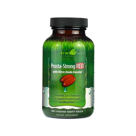 Green bottle of Irwin Naturals Prosta-Strong RED dietary supplement featuring a bold graphic of red softgels and a water droplet. The label promotes a nitric oxide booster and describes it as a powerful 2-in-1 formula to support prostate health and blood flow, with 80 liquid soft-gels.