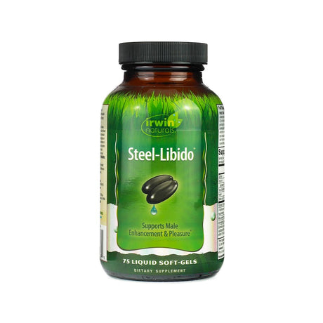 A green bottle of Irwin Naturals "Steel-Libido" dietary supplement containing 75 liquid soft-gels. The label states it supports male enhancement and pleasure, with a visual of dark capsules and a droplet symbolizing potency.