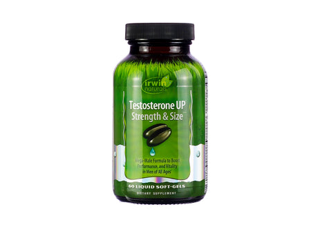 A bottle of Irwin Naturals “Testosterone UP Strength & Size” dietary supplement, containing 60 liquid soft-gels. The label features bold text and a muscle-themed design, highlighting its focus on testosterone support and physical performance enhancement. The product is branded as part of the Irwin Naturals line.
