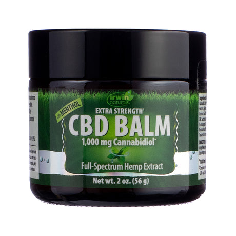 Irwin Naturals CBD Balm 1000mg Menthol, front label highlighting menthol-infused CBD balm designed for soothing relief and cooling sensation.
